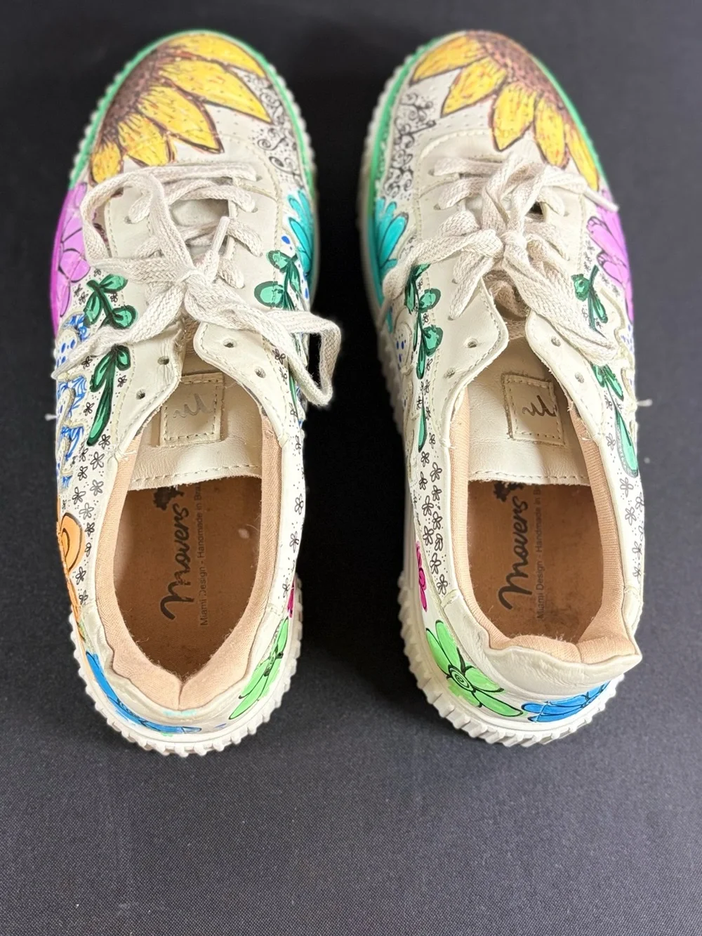Hand-Painted Floral Platform Sneakers - Cream Canvas with Multicolor Flowers